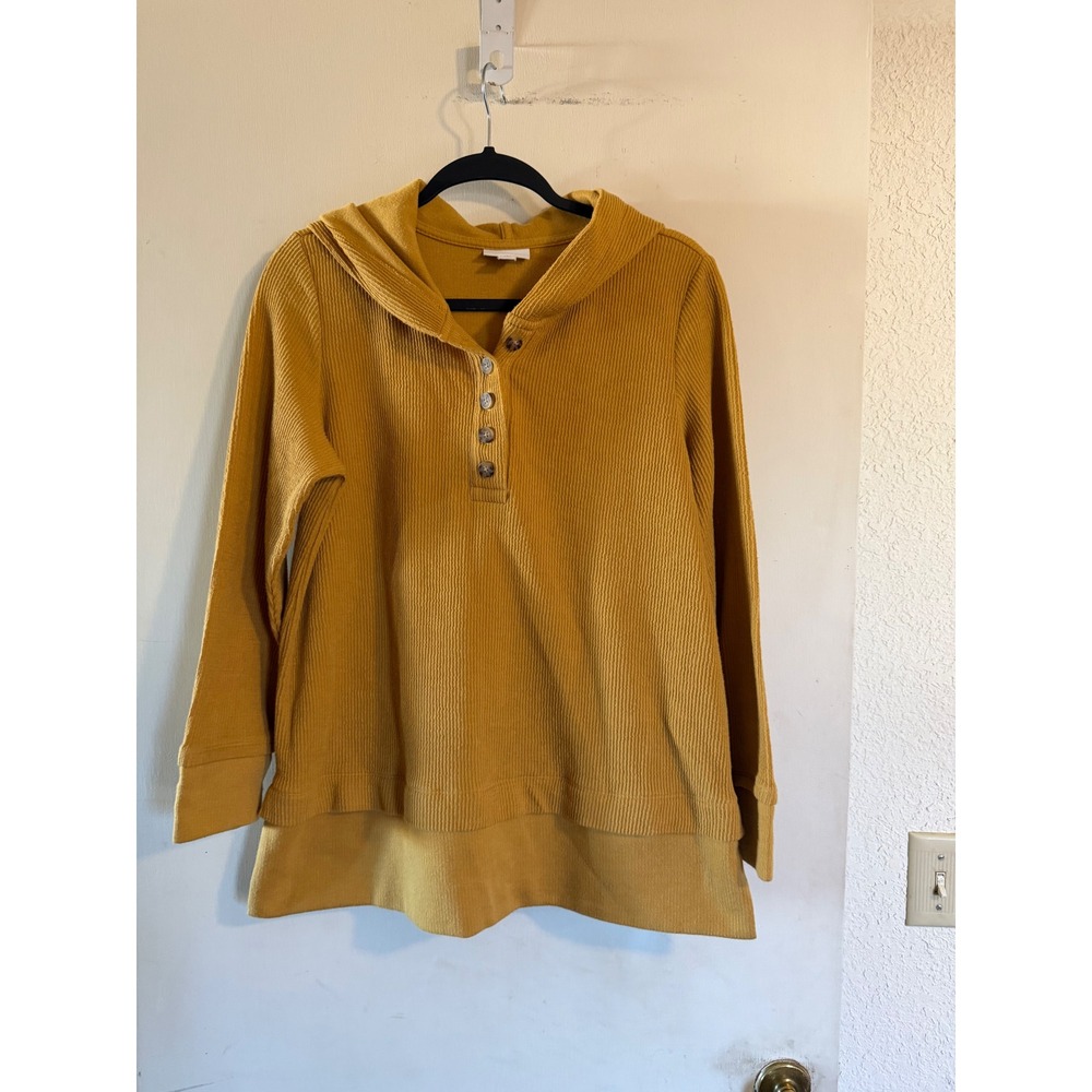 J‎ Jill Mustard Yellow Corduory Hooded Shacket Petite M Grunge Granola Boho